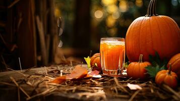 A Glass fresh juice with pumpkin on the table AI Generative photo