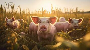 Portrait pig in the farm with light exposure AI Generative photo