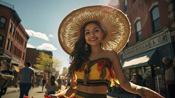 Portrait girl wearing sombrero dancing on the street of city AI Generative photo