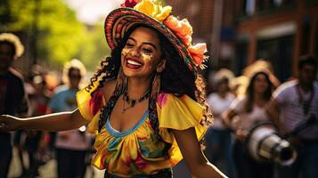 Portrait girl wearing sombrero dancing on the street of city AI Generative photo