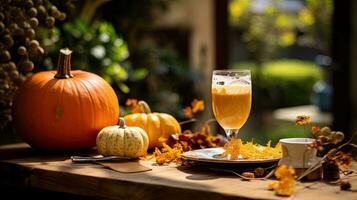 A Glass fresh juice with pumpkin on the table AI Generative photo