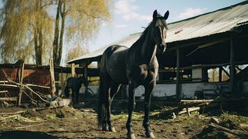 retrato caballo en el granja con ligero exposición ai generativo foto