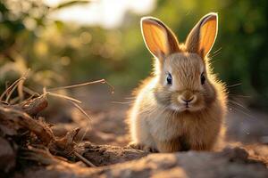 Portrait rabbit on the meadow with light exposure AI Generative photo