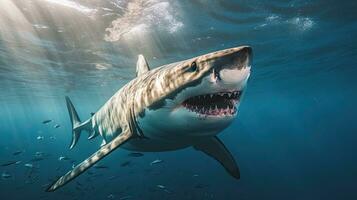 retrato de miedo blanco tiburón apareciendo en el mar ai generativo foto