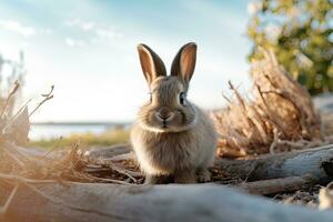 Portrait rabbit on the meadow with light exposure AI Generative photo