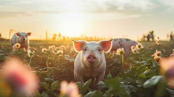 Portrait pig in the farm with light exposure AI Generative photo