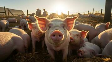 Portrait pig in the farm with light exposure AI Generative photo