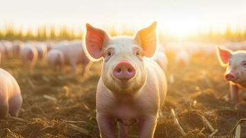 Portrait pig in the farm with light exposure AI Generative photo