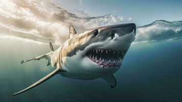 retrato de miedo blanco tiburón apareciendo en el mar ai generativo foto