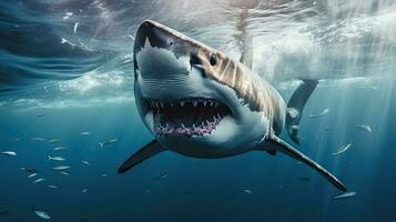 retrato de miedo blanco tiburón apareciendo en el mar ai generativo foto