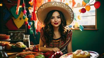 mujer vistiendo sombrero con tacos en el mesa ai generativo foto