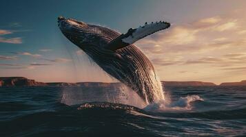 Portrait of whale jumping above the sea AI Generative photo