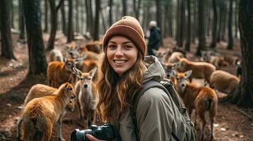 Portrait beautiful woman taking photo in the forest with animal AI Generative