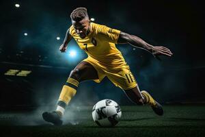 Portrait professional soccer player dribbling ball AI Generative photo