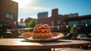 Sombrero hat on the table with light exposure AI Generatie photo