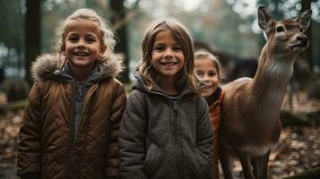 Portrait kids with deers in the zoo AI Generative photo