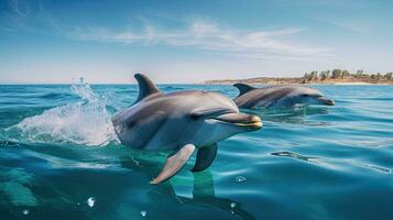 retrato delfín saltando terminado el mar ai generativo foto