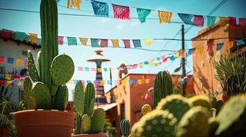 Portrait cactus on the pot with bunting AI Generative photo