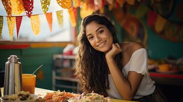 Portrait beautiful woman with tacos on the table AI Generative photo