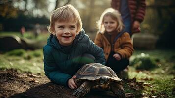 retrato niños con Tortuga en el zoo ai generativo foto