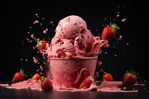 Delicious Strawberry ice cream with strawberry fruit AI Generative photo