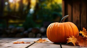Portrait pumpkin with autumn leaf on the table AI Generative photo