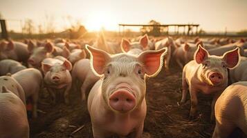 Portrait pig in the farm with light exposure AI Generative photo