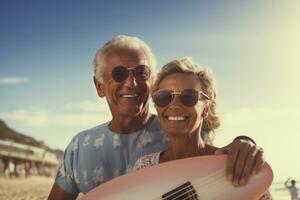 an elderly couple standing together holding a surfboard photo