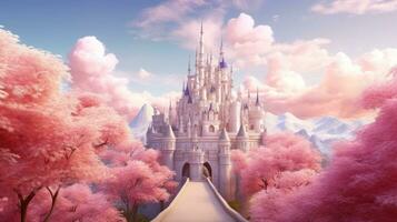 a fairy tale castle with pink cherry trees photo