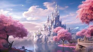 the castle made of pink blossom trees has pink and purple colors photo