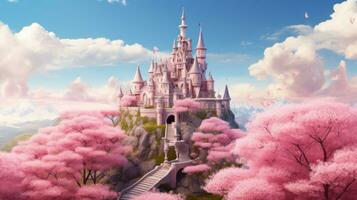 castle in cherry blossoms, in the style of photorealistic surrealism photo
