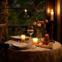 romántico cena vino velas y un mesa para dos Por favor foto