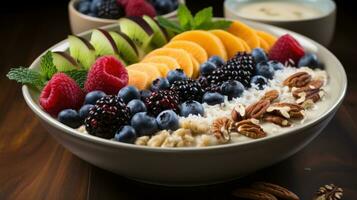 harina de avena bol. cálido, consolador, y versátil desayuno con interminable Adición opciones foto