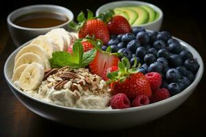 Oatmeal bowl. warm, comforting, and versatile breakfast with endless topping options photo