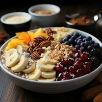 Oatmeal bowl. warm, comforting, and versatile breakfast with endless topping options photo