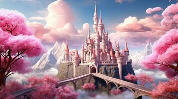 a fairy tale castle with pink cherry trees photo