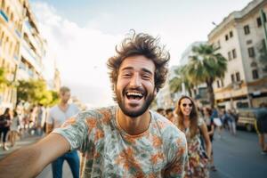 young man taking selfie in the streets photo