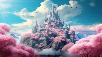 castle in cherry blossoms, in the style of photorealistic surrealism photo