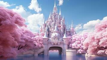 the castle made of pink blossom trees has pink and purple colors photo