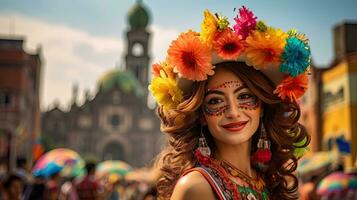 hermosa mujer con disfraz en el carnaval ai generativo foto