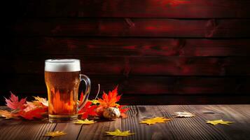 retrato un vaso de cerveza con otoño hoja en el mesa ai generativo foto