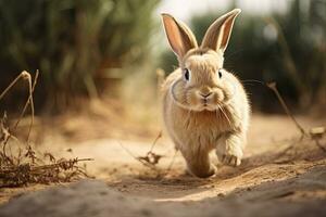 Portrait rabbit on the meadow with light exposure AI Generative photo