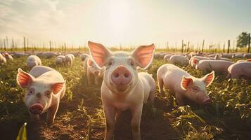 Portrait pig in the farm with light exposure AI Generative photo