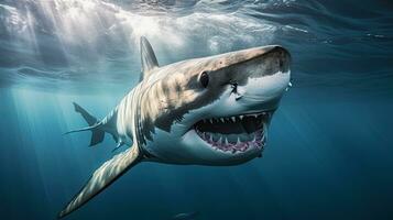 retrato de miedo blanco tiburón apareciendo en el mar ai generativo foto