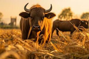 retrato búfalo en el medio granja con ligero exposición foto