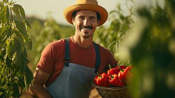 Portrait farmer picking chili AI Generative photo