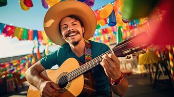 retrato hombre vistiendo sombrero jugando guitarra ai generativo foto