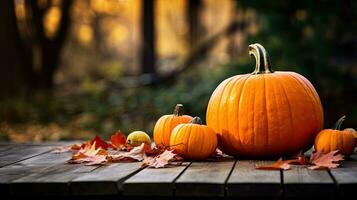 Portrait pumpkin with autumn leaf on the table AI Generative photo