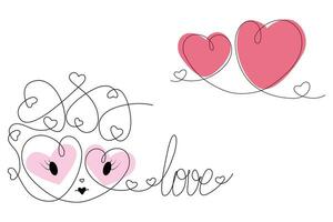 Abstract line art love character in one continuous line with lettering and hearts. Valentines Day vector