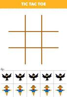 Education game for children tic tac toe set with cute cartoon crow and scarecrow picture printable farm worksheet vector